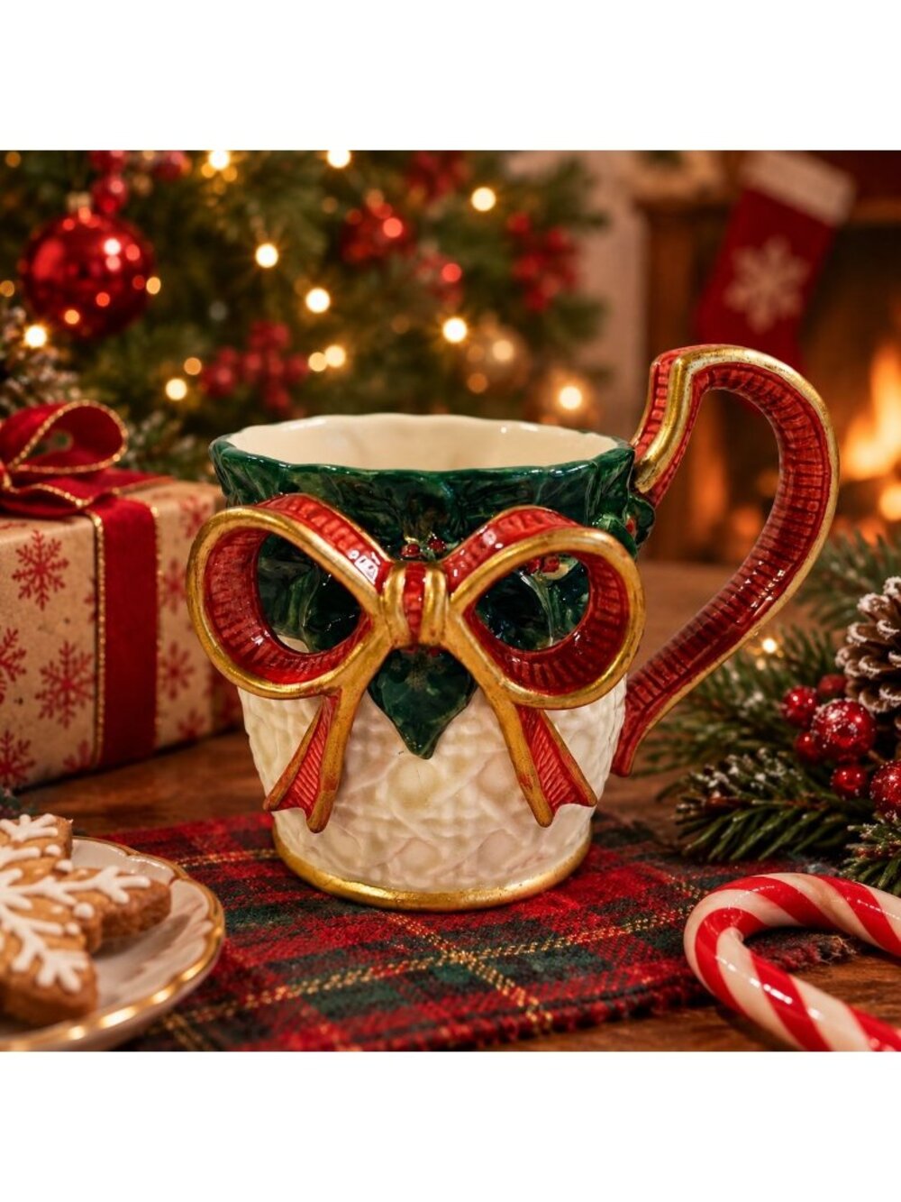 Vintage Fitz and Floyd Holiday Poinsettia Leaves Bow Coffee Hot Chocolate Mug